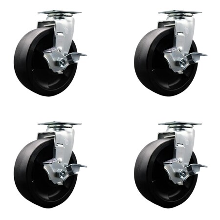 Service Caster 6 Inch Glass Filled Nylon Swivel Caster Set with Roller Bearings and Brakes SCC SCC-20S620-GFNR-TLB-4